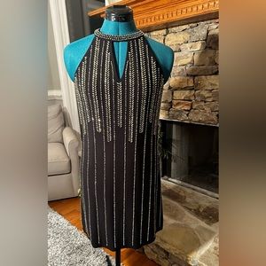 Betsy and Adam Stunning black cocktail dress with gold beading, size 2